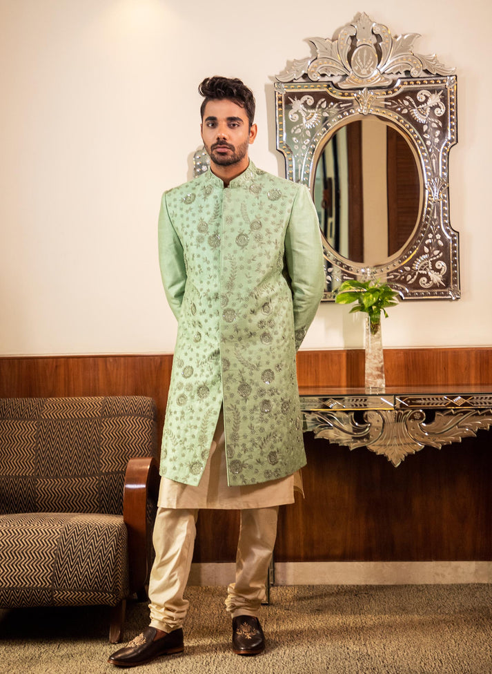 Green Hand Embroidered Sherwani with Kurta Set – Darshika Menswear
