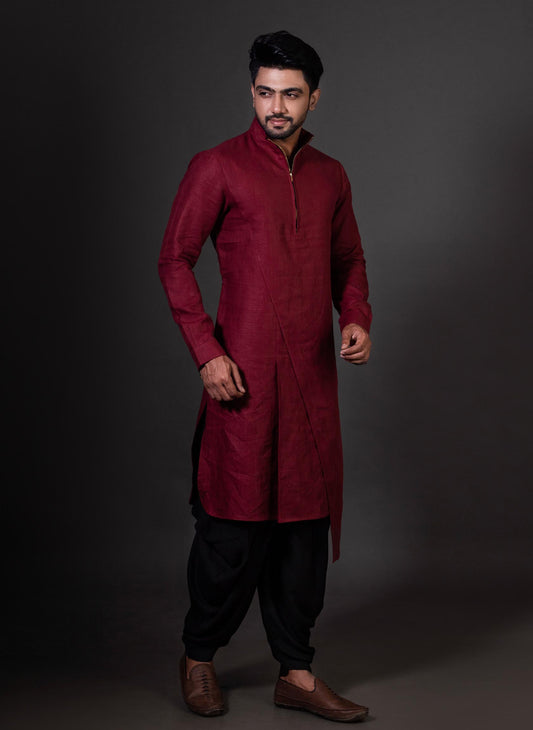 maroon-high-neck-kurta-set