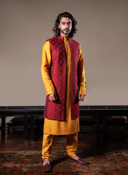 maroon-embroidered-jacket-with-honey-kurta-set