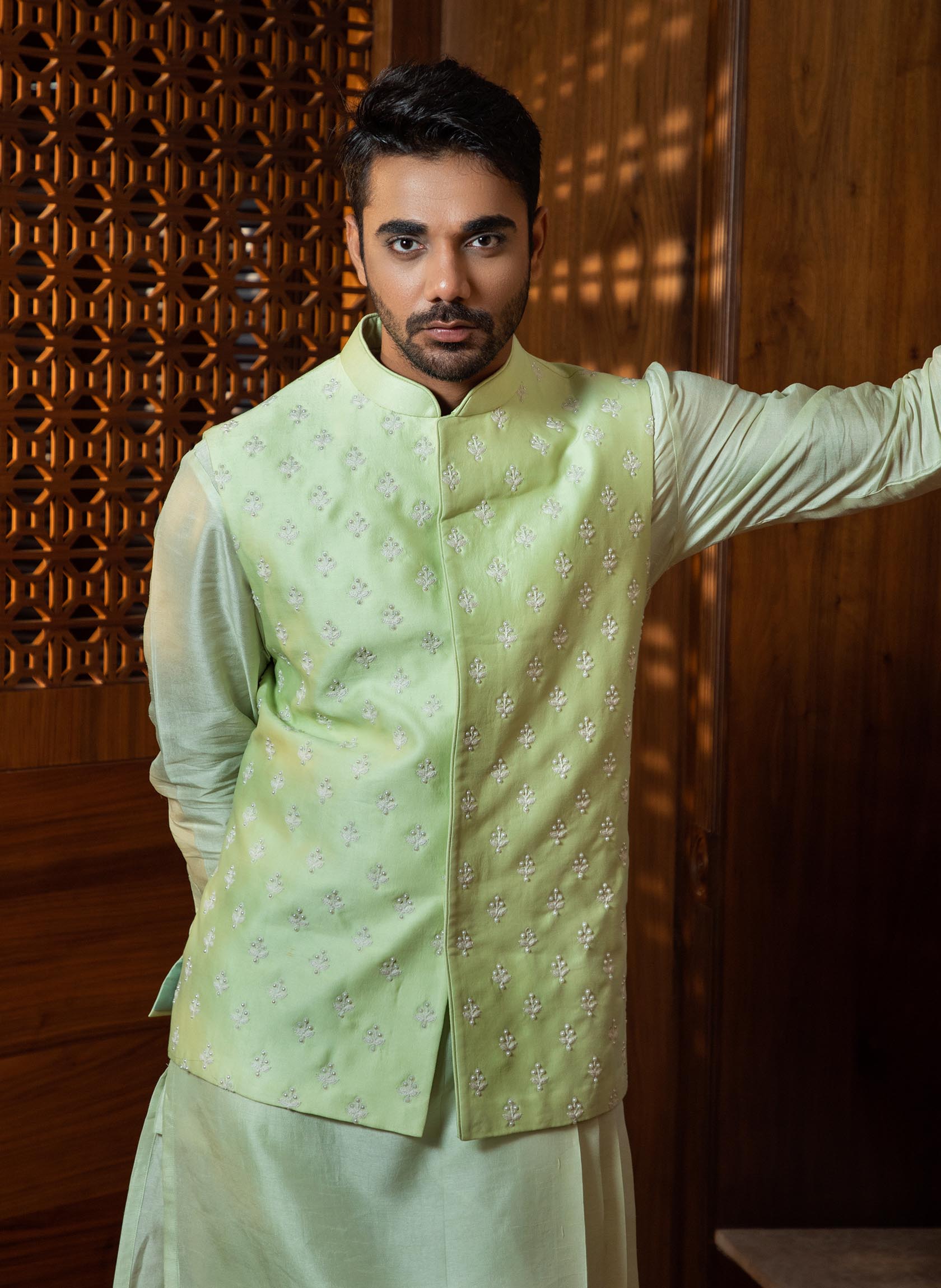 Green Color Sangeet Wear Readymade Lovely Art Silk Fabric Kurta Pyjama For  Men With 3 Pcs Jacket Set