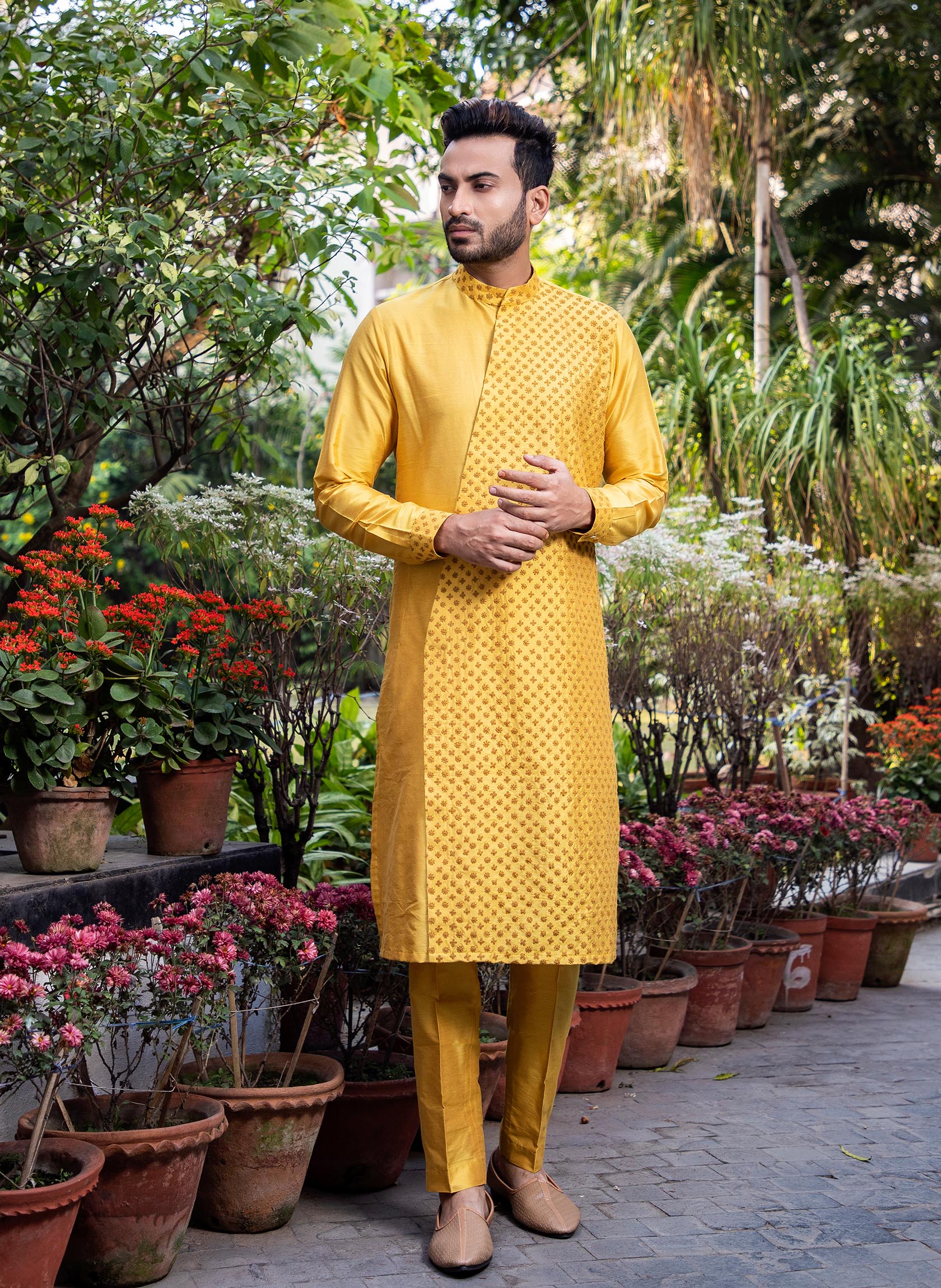 Mustard Embroidered Diagonal Cut Kurta Set