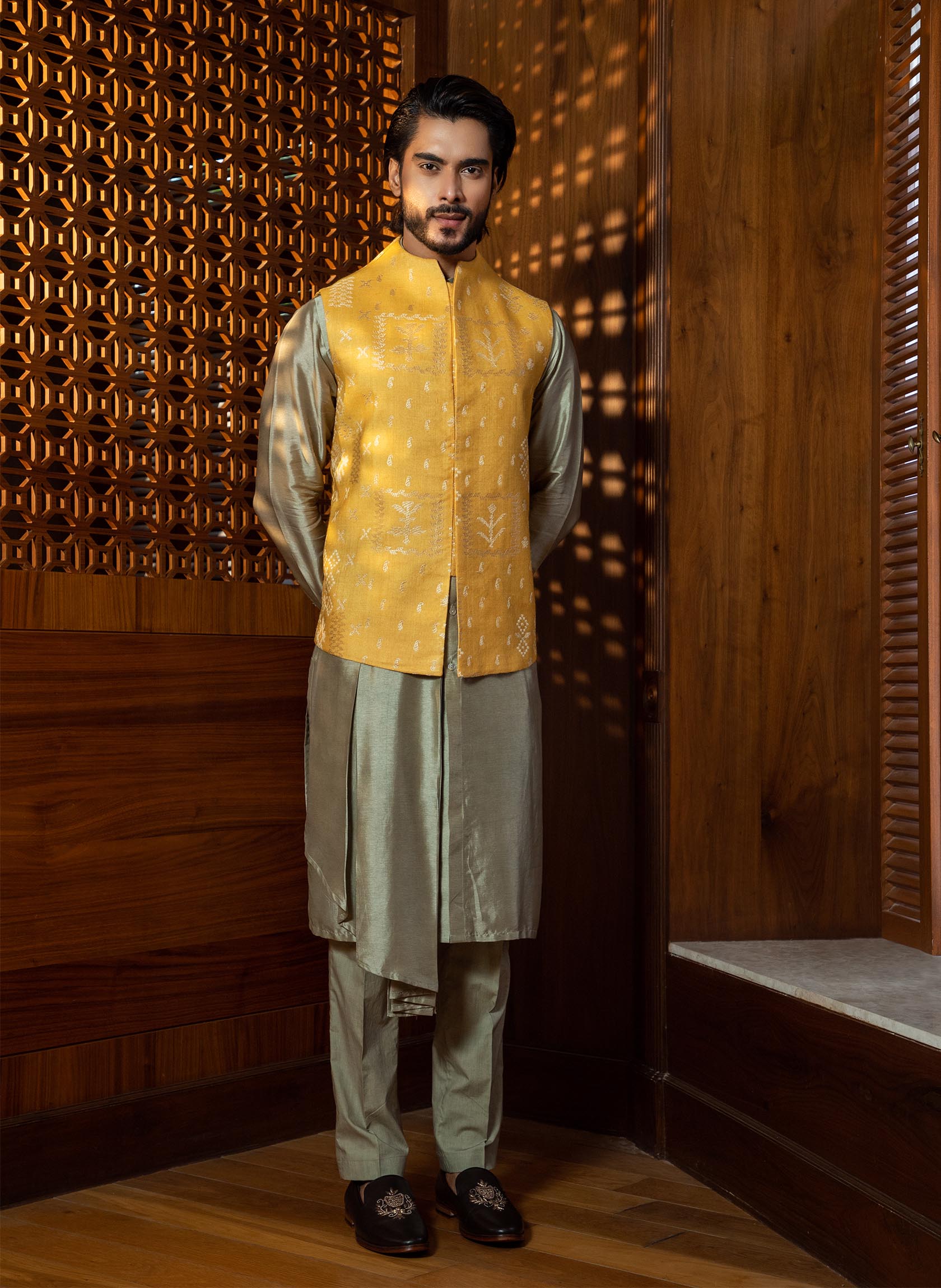 mustard-silk-jacket-with-pleated-kurta-set