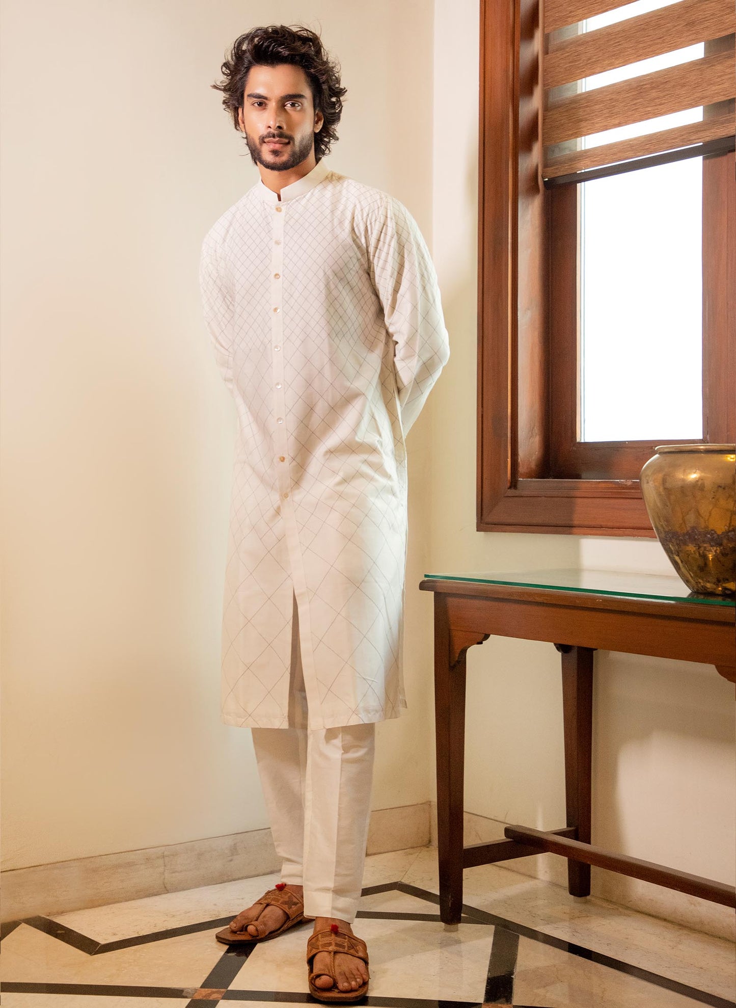 front open kurta with cigarette pants White Multi Colored Printed Straight Solid Navy Blue An elegant ivory Chanderi silk kurta crafted with intricate embroidery Offwhite Front Open Kurta Set