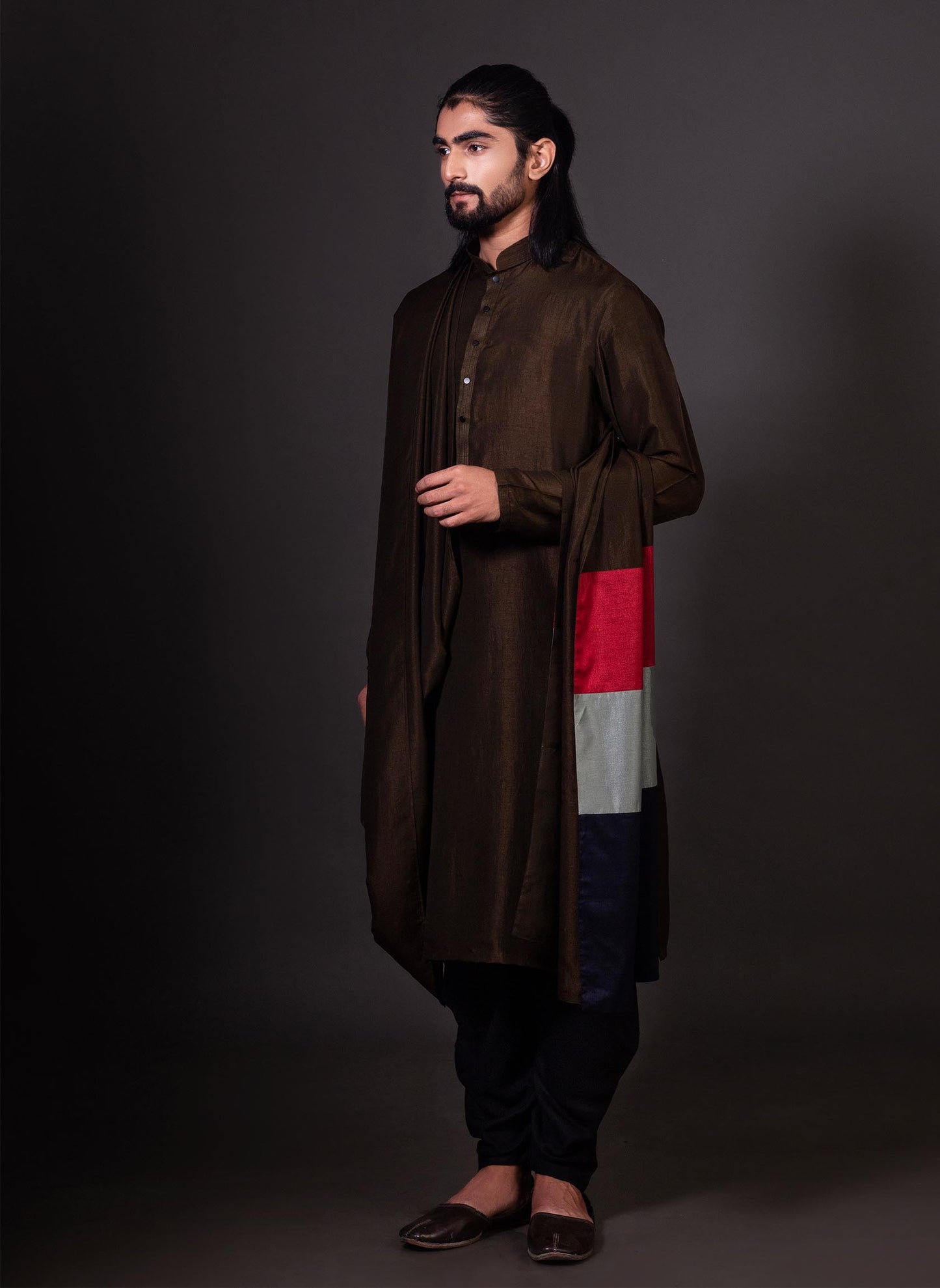 Olive Green Kurta with Attached Stole