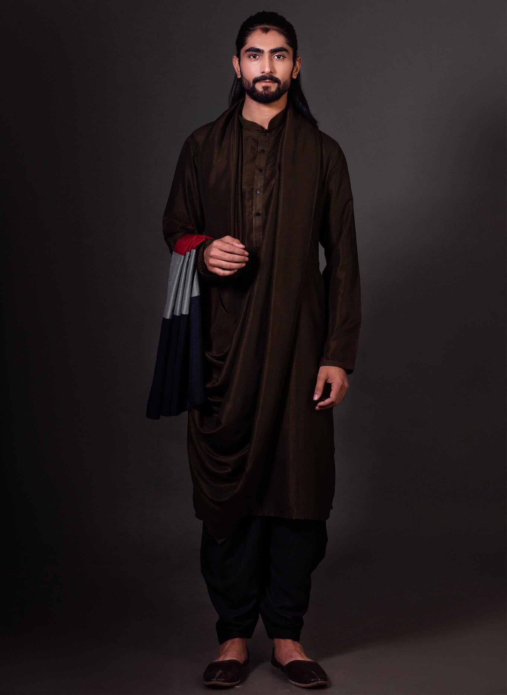 olive-green-draped-kurta-with-attached-stole
