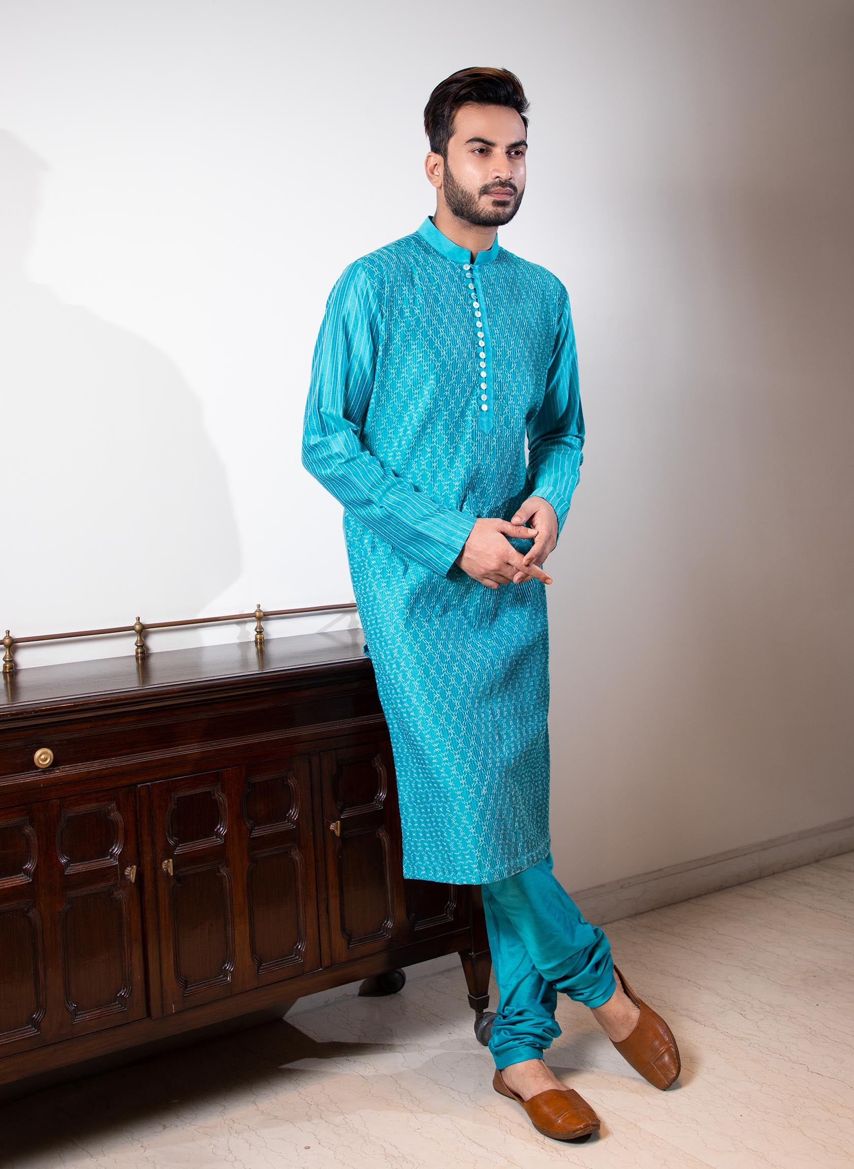 Turquoise Blue Diagonal Pintuck Kurta Set