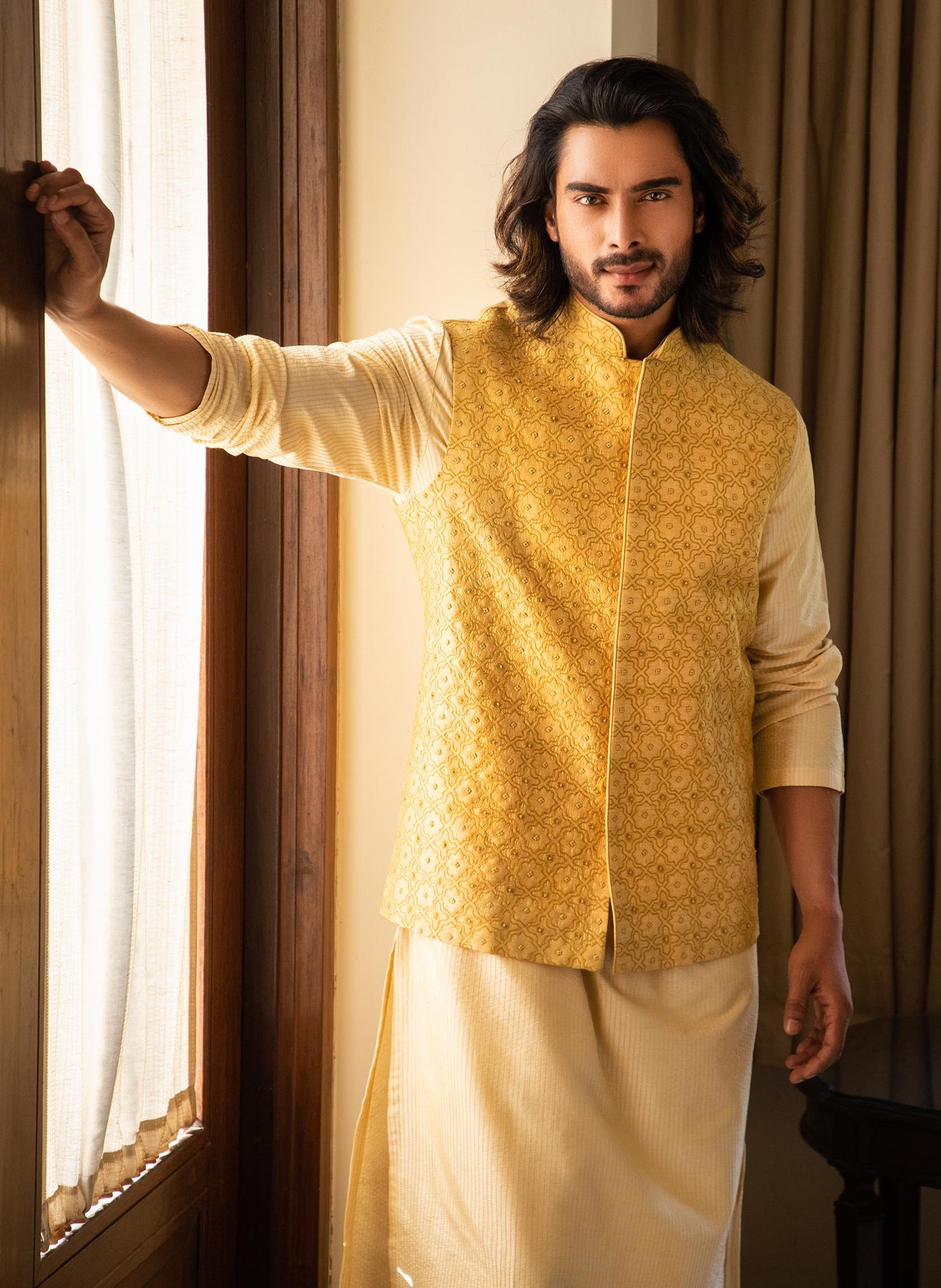 Yellow Embroidered Jacket with Contrast Kurta Set