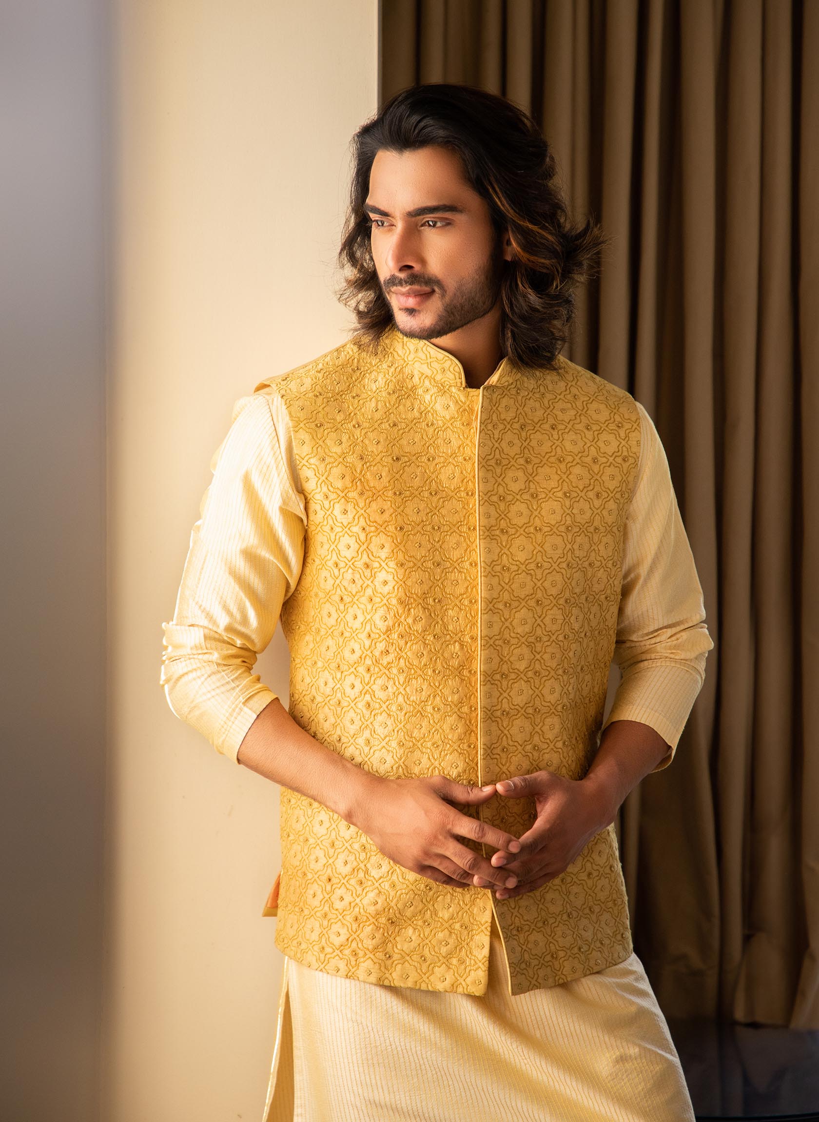 Yellow Embroidered Jacket with Contrast Kurta Set